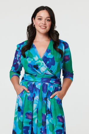 Blue | Curve Printed Pleated Wrap Midi Dress