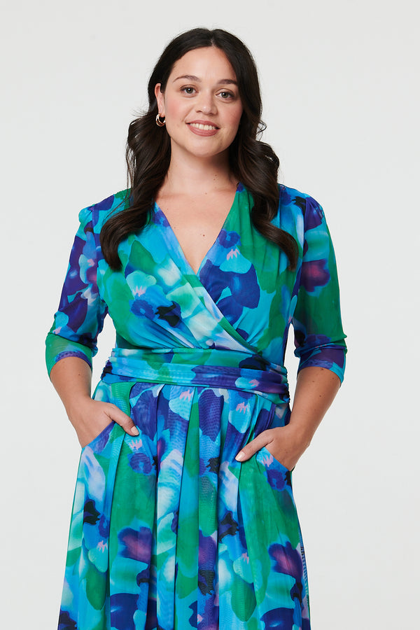 Blue | Curve Printed Pleated Wrap Midi Dress