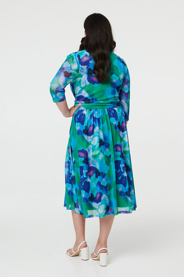 Blue | Curve Printed Pleated Wrap Midi Dress