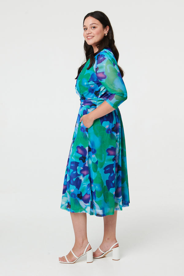 Blue | Curve Printed Pleated Wrap Midi Dress
