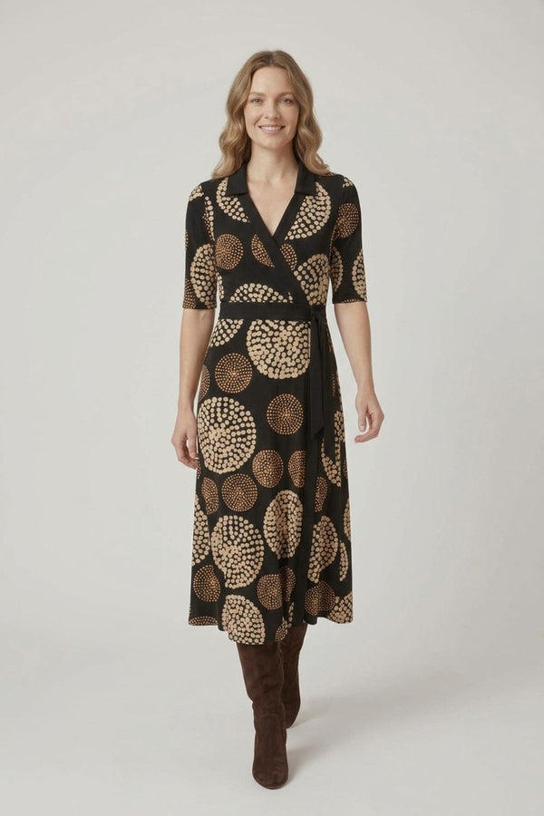 Black | Abstract 3/4 Sleeve Wrap Midi Dress