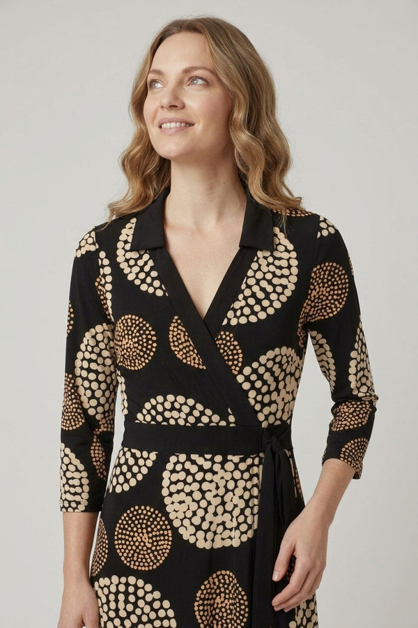 Black | Abstract 3/4 Sleeve Wrap Midi Dress