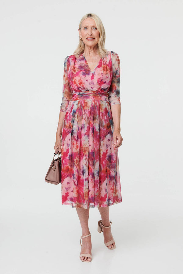 Pink | Floral Mesh Layered Pleated Midi Dress