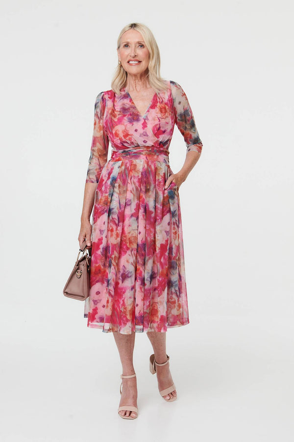 Pink | Floral Mesh Layered Pleated Midi Dress