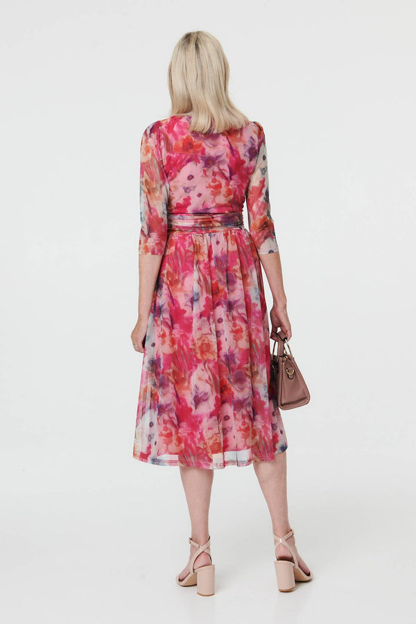Pink | Floral Mesh Layered Pleated Midi Dress