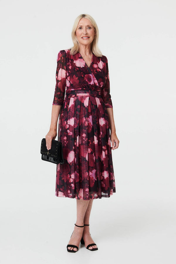 Pink | Floral 3/4 Sleeve Pleat Wrap Midi Dress

