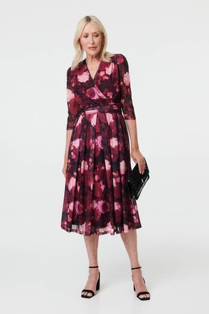 Pink | Floral 3/4 Sleeve Pleat Wrap Midi Dress
