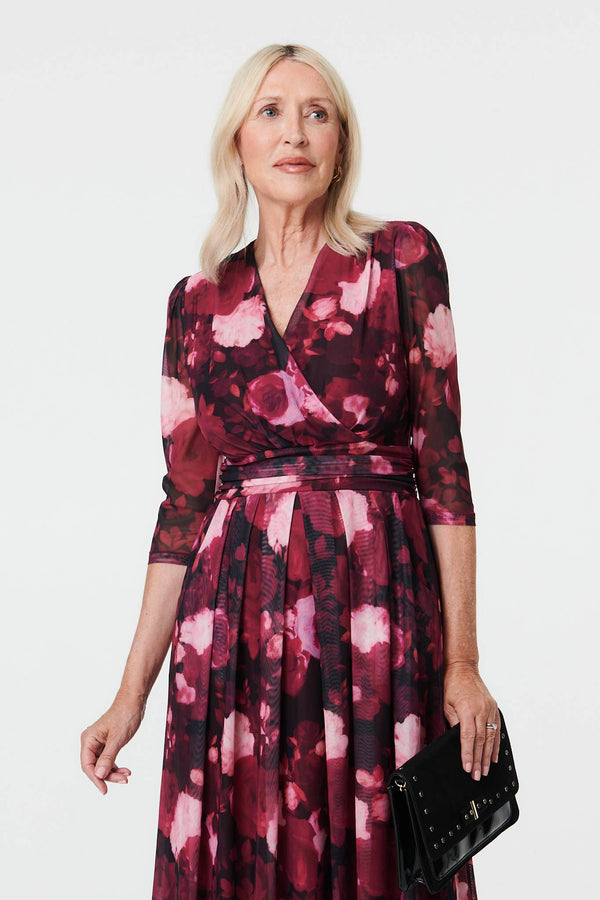 Pink | Floral 3/4 Sleeve Pleat Wrap Midi Dress
