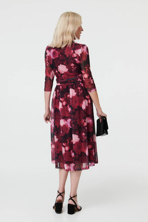 Pink | Floral 3/4 Sleeve Pleat Wrap Midi Dress
