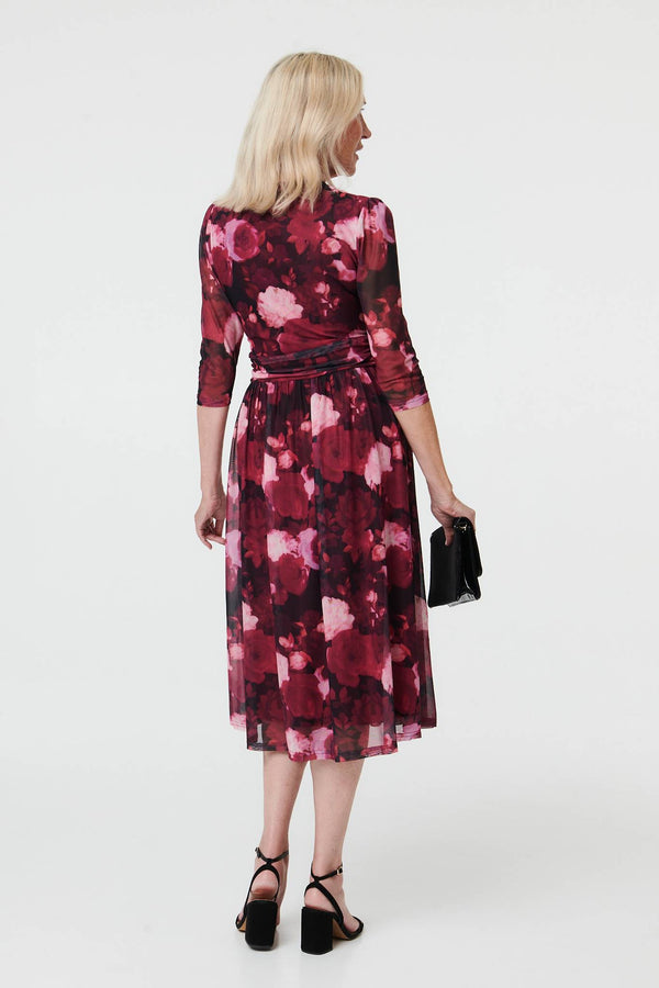 Pink | Floral 3/4 Sleeve Pleat Wrap Midi Dress
