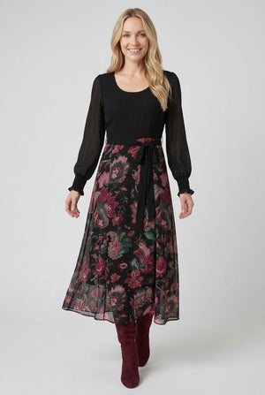 Black | Printed Semi Sheer Tie Waist Midi Dress