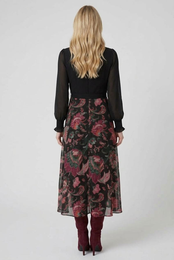 Black | Printed Semi Sheer Tie Waist Midi Dress
