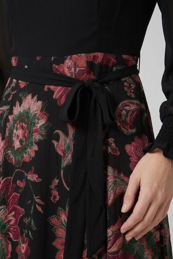 Black | Printed Semi Sheer Tie Waist Midi Dress