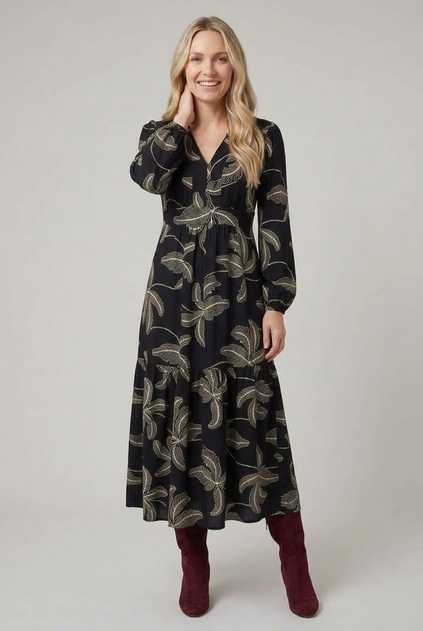 Black | Leaf Embroidered Long Sleeve Maxi Dress