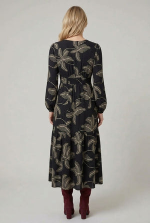 Black | Leaf Embroidered Long Sleeve Maxi Dress