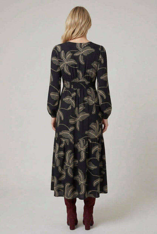 Black | Leaf Embroidered Long Sleeve Maxi Dress