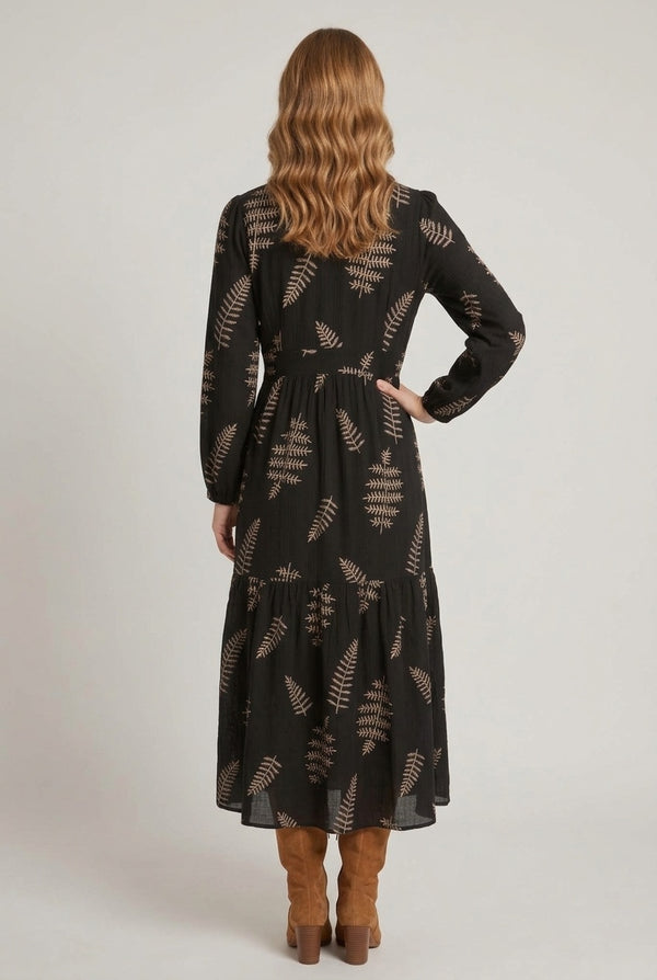 Black | Leaf Embroidered V-Neck Maxi Dress