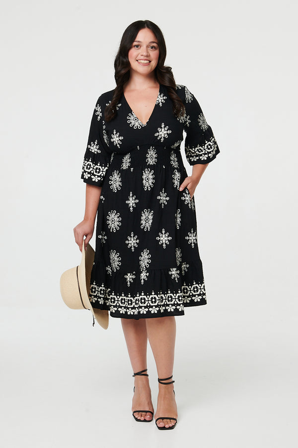 Black | Curve Printed V-Neck Knee Length Dress
