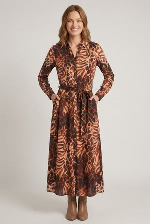 Brown | Abstract Print Tie Waist Midi Dress