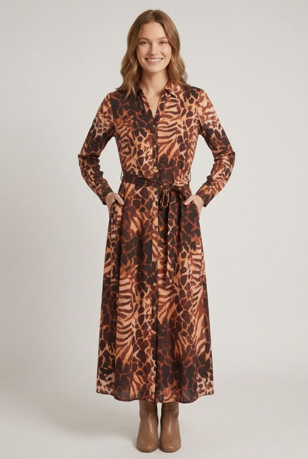 Brown | Abstract Print Tie Waist Midi Dress