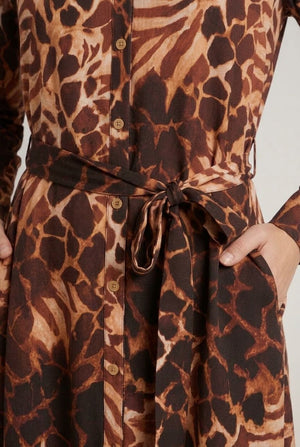 Brown | Abstract Print Tie Waist Midi Dress