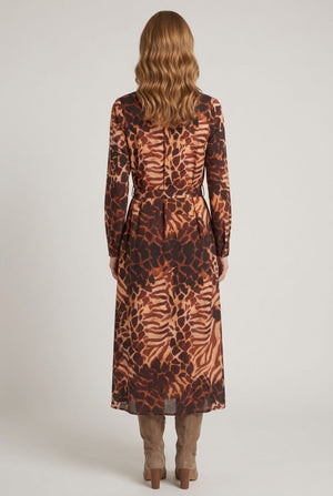 Brown | Abstract Print Tie Waist Midi Dress