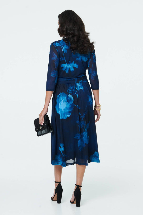 Blue | Printed Ruched Faux Wrap Midi Dress