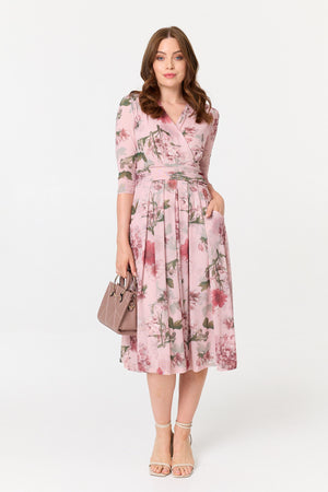 Pink | Floral 3/4 Sleeve Wrap Front Midi Dress
