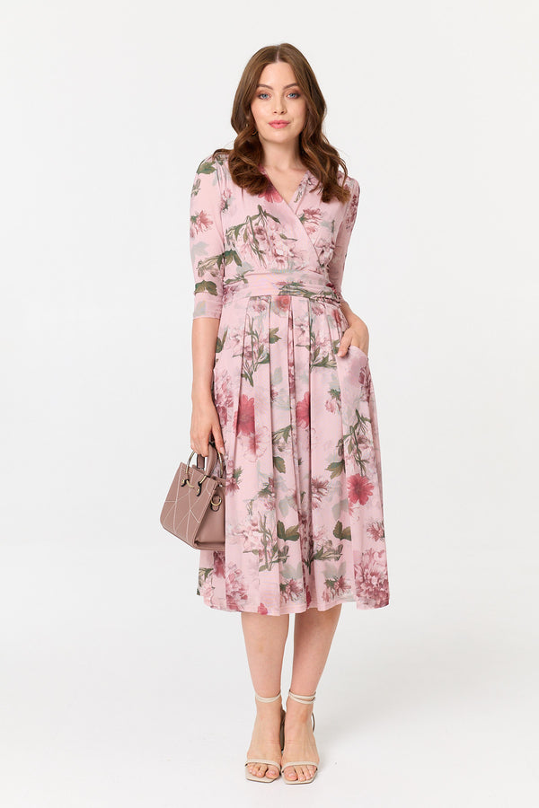 Pink | Floral 3/4 Sleeve Wrap Front Midi Dress
