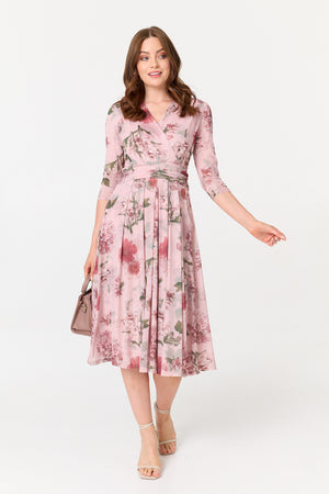 Pink | Floral 3/4 Sleeve Wrap Front Midi Dress
