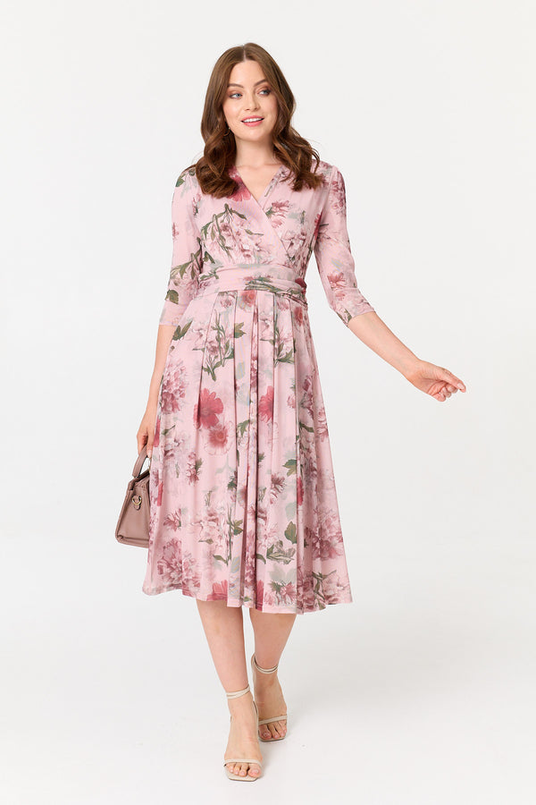 Pink | Floral 3/4 Sleeve Wrap Front Midi Dress
