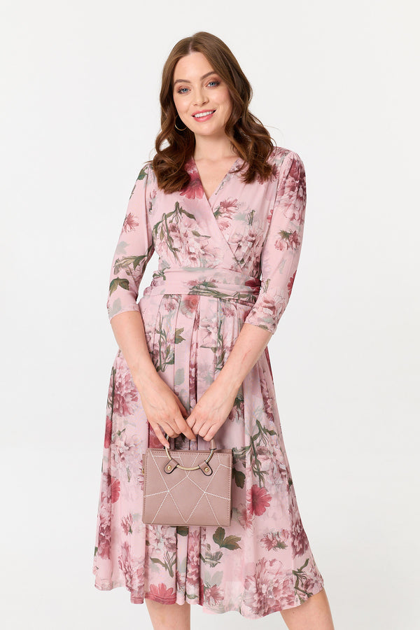 Pink | Floral 3/4 Sleeve Wrap Front Midi Dress
