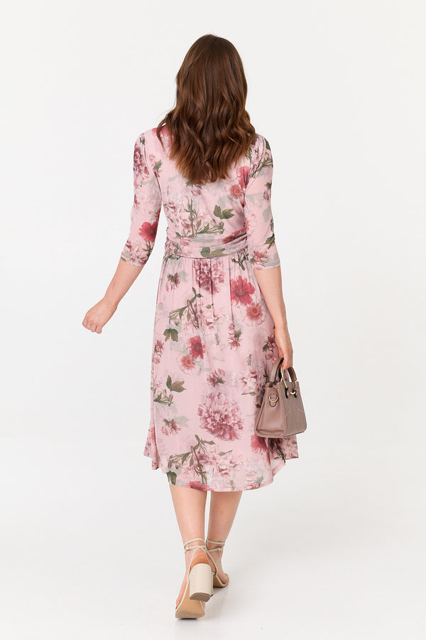 Pink | Floral 3/4 Sleeve Wrap Front Midi Dress
