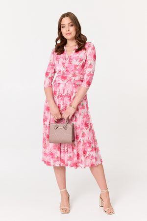 Pink | Floral Pleated Shirred Wrap Midi Dress
