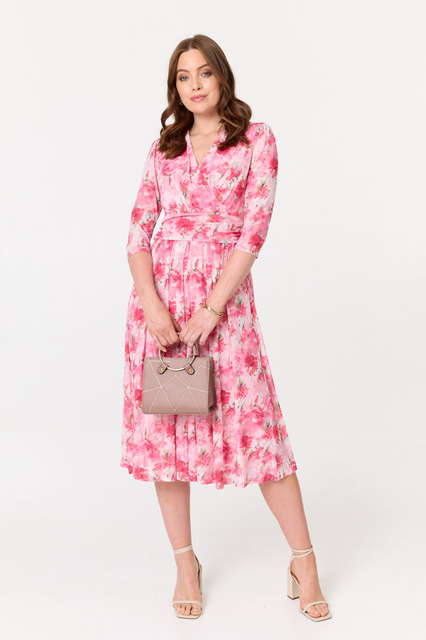 Pink | Floral Pleated Shirred Wrap Midi Dress
