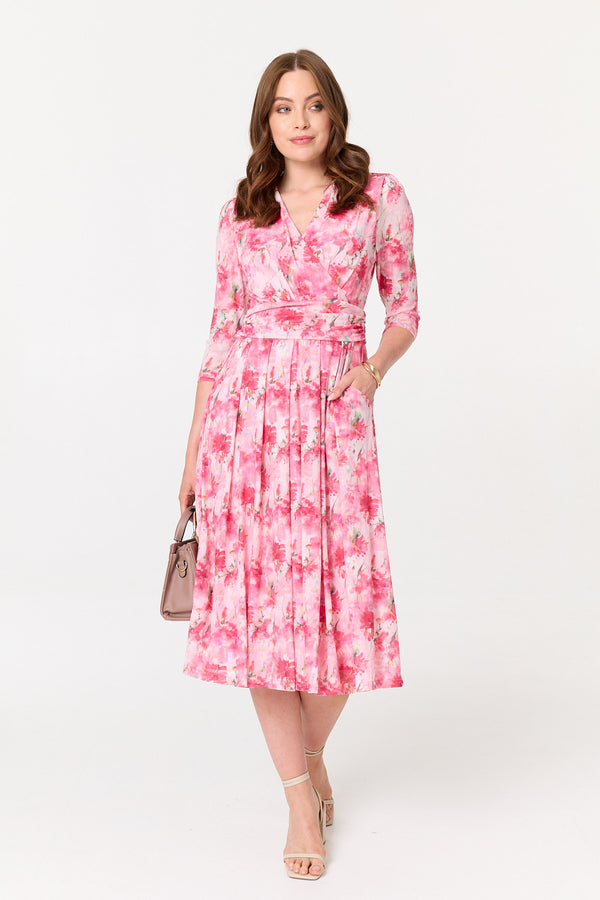 Pink | Floral Pleated Shirred Wrap Midi Dress
