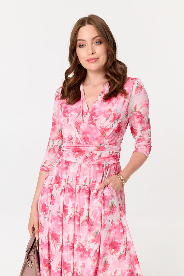 Pink | Floral Pleated Shirred Wrap Midi Dress
