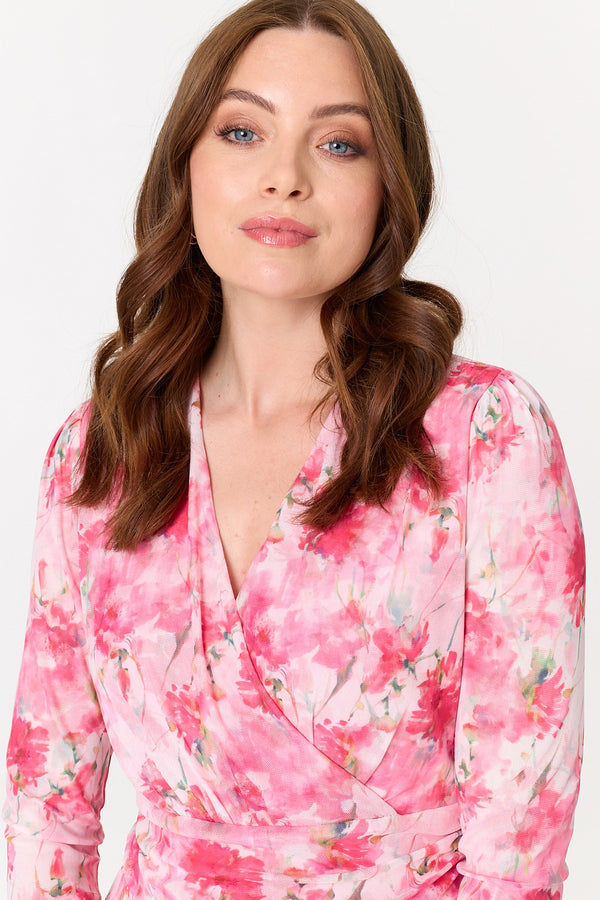 Pink | Floral Pleated Shirred Wrap Midi Dress
