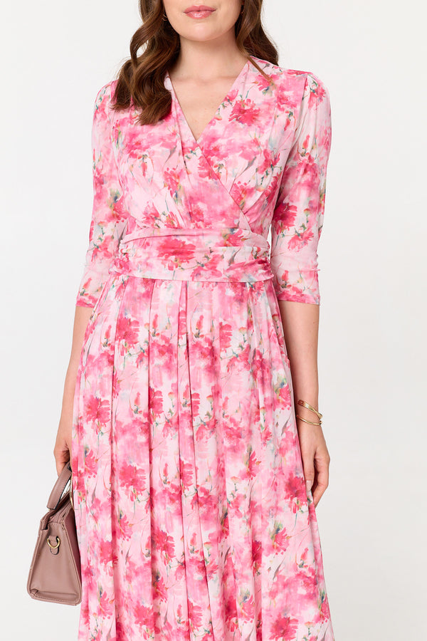 Pink | Floral Pleated Shirred Wrap Midi Dress
