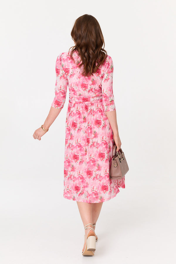 Pink | Floral Pleated Shirred Wrap Midi Dress
