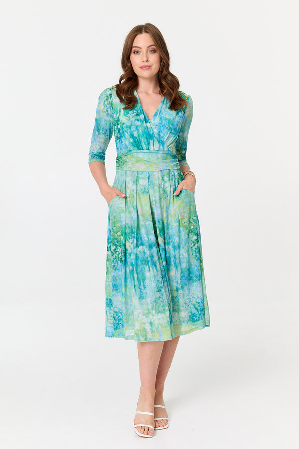 Green | Printed 3/4 Sleeve Wrap Front Midi Dress
