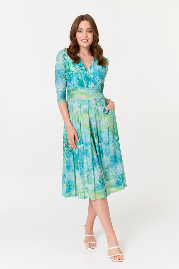 Green | Printed 3/4 Sleeve Wrap Front Midi Dress
