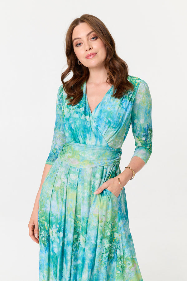 Green | Printed 3/4 Sleeve Wrap Front Midi Dress
