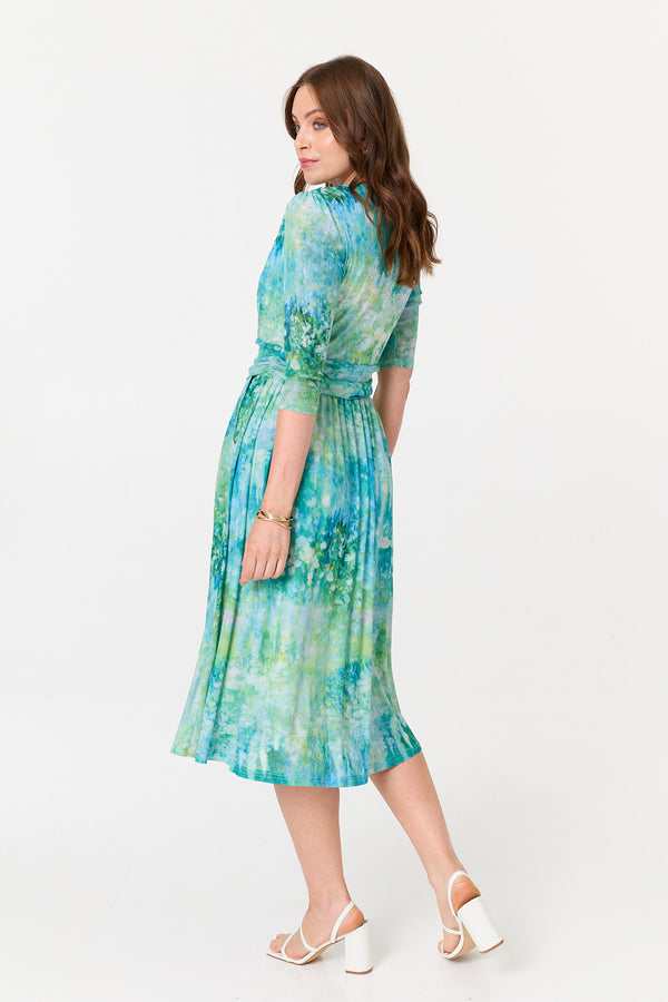 Green | Printed 3/4 Sleeve Wrap Front Midi Dress
