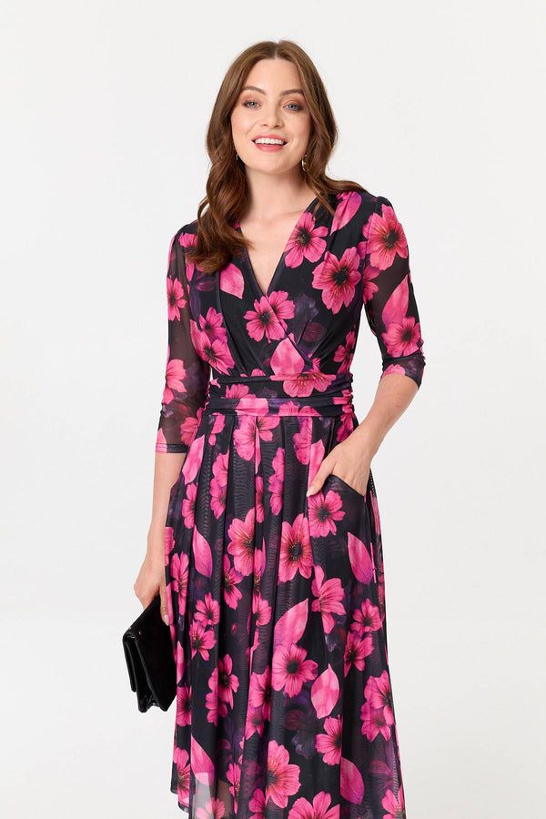 Black | Floral Pleated V-Neck Wrap Midi Dress