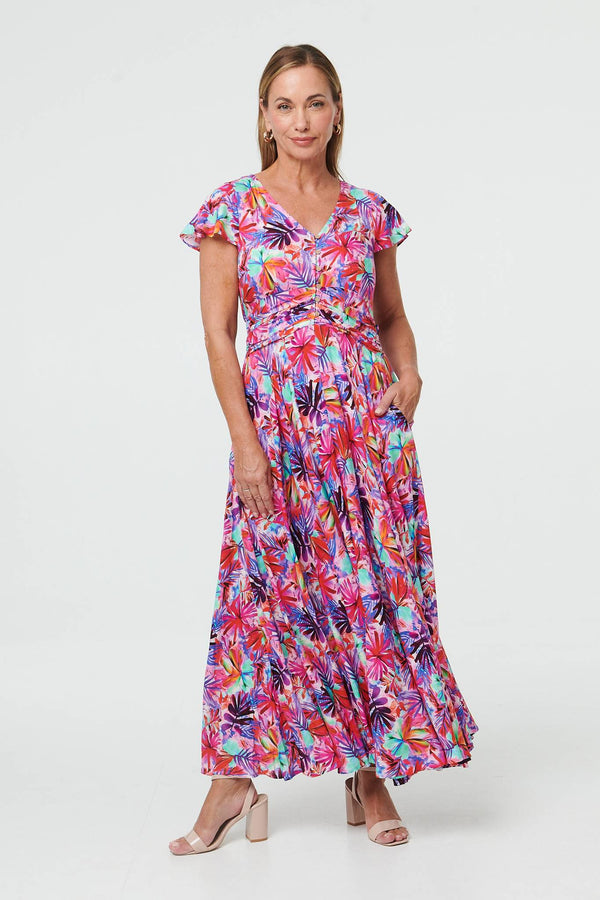 Pink | Floral Cap Sleeve Maxi V-Neck Dress