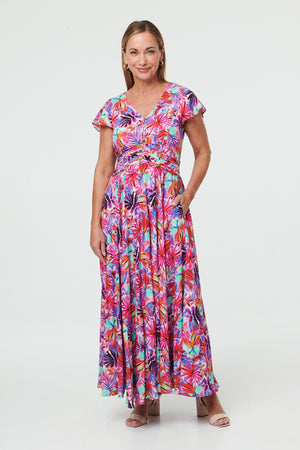 Pink | Floral Cap Sleeve Maxi V-Neck Dress