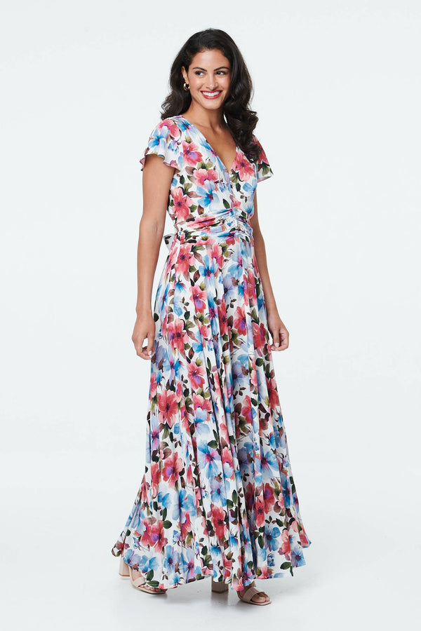 Pink | Floral Cap Sleeve Tie Waist Maxi Dress