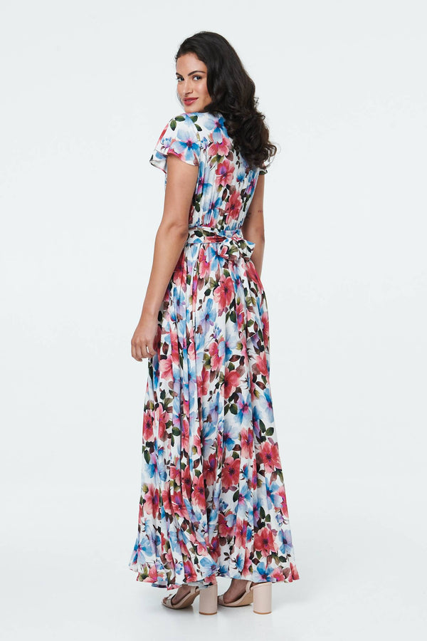 Pink | Floral Cap Sleeve Tie Waist Maxi Dress