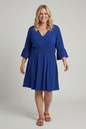 Blue | Curve Shirred 3/4 Sleeve Midi Dress